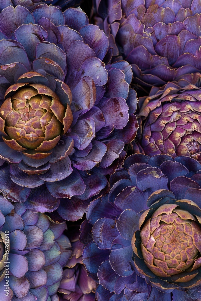Fototapeta premium Artichoke and Asparagus Month Vibrant purple artichokes with textured petals and warm hues close-up