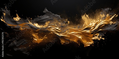 Dynamic abstract waves of gold and black fluid explosions on dark background