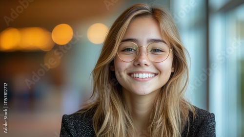A young woman with long hair and glasses smiles joyfully in a contemporary indoor environment