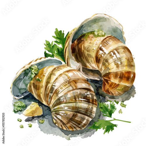 A watercolor drawing of French escargot with garlic butter, isolated on a white background. Escargot vector.
