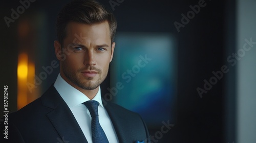 Man with stylish haircut and blue eyes poses confidently in a sophisticated environment photo