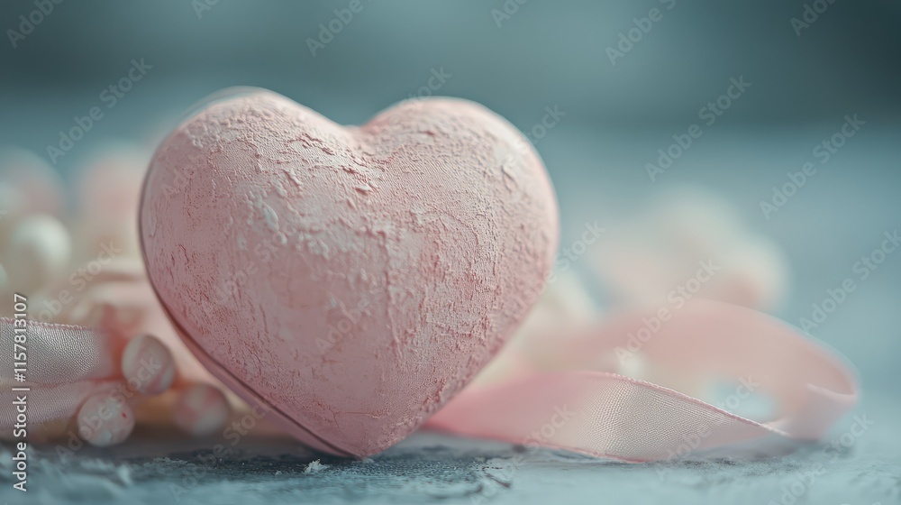 Fototapeta premium Romantic Valentine's Day Setting with Elegant Heart and Ribbon Featuring Soft Textures in a Close-Up View