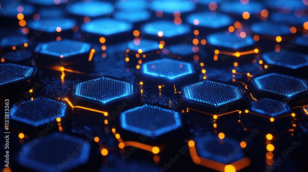 Fototapeta premium Abstract Blue Background with Glowing Hexagons and Lights