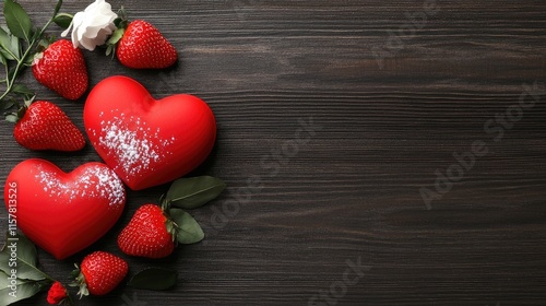 Romantic heart-shaped strawberries and red hearts on wooden table food photography cozy atmosphere