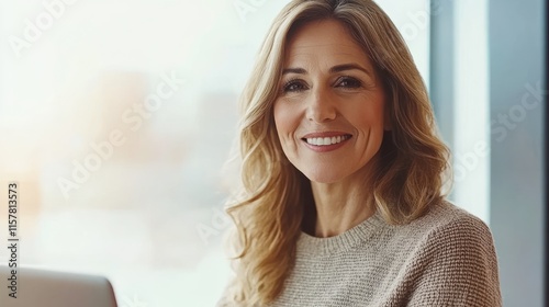 Woman with long hair sitting at a table by a window, smiling warmly while using a laptop during the day Free Download Woman with long hair sitting at a table by a window, smiling warmly while using a laptop during the day - GFXLoad