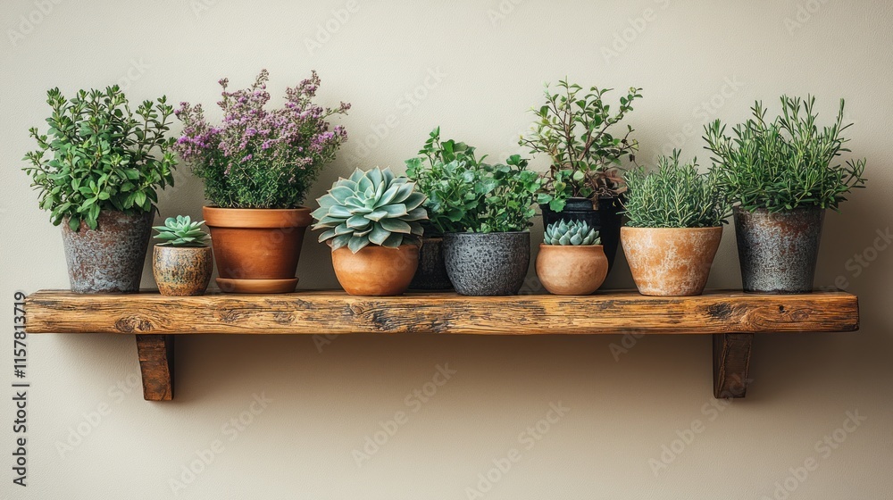 Rustic wooden shelf with various potted herbs and succulents against a beige wall. Rustic wooden shelf with various potted herbs and succulents against a beige wall.
