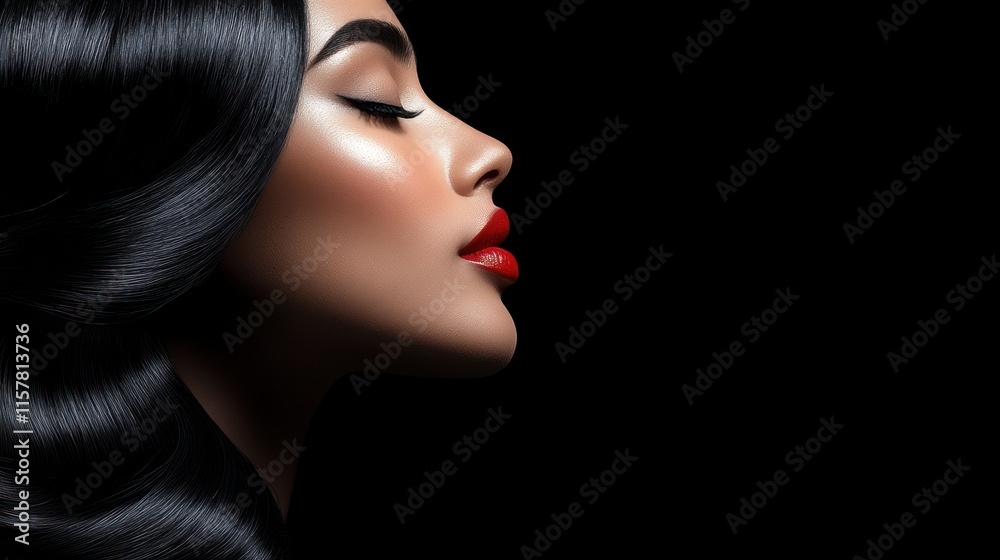 Fototapeta premium Elegant woman showcases glossy black hair and striking red lips in a captivating side profile