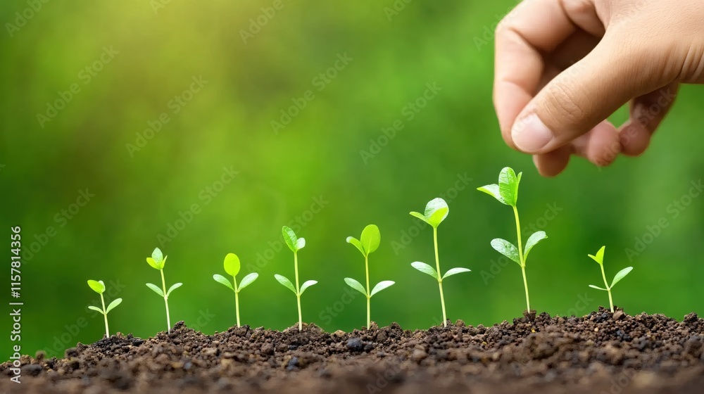 Hand Nurturing Growing Seedlings in Soil Against Soft Green Background Hand Nurturing Growing Seedlings in Soil Against Soft Green Background
