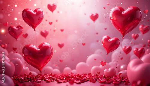 Background design of 3D rendering of floating hearts with glossy finishes, radiant pink and red tones, romantic atmosphere, Illustrations of Valentine's Day photo