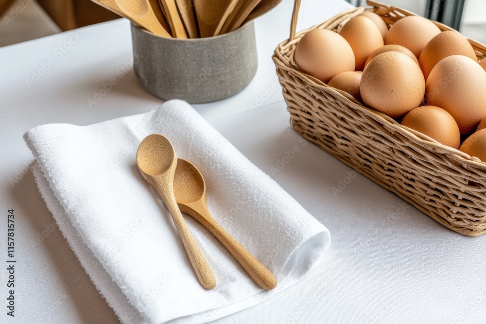 A charming Easter setup features handcrafted wooden utensils next to a basket of colorful eggs and a soft linen towel, celebrating joyful spring gatherings and meals with loved ones A charming Easter setup features handcrafted wooden utensils next to a basket of colorful eggs and a soft linen towel, celebrating joyful spring gatherings and meals with loved ones