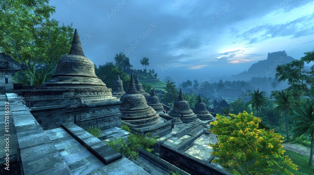 Serene landscape featuring ancient stupas under a twilight sky. Serene landscape featuring ancient stupas under a twilight sky.