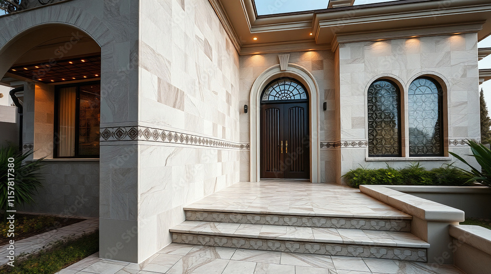 Naklejka premium Beige stone house exterior with double arched doors, arched windows, and stone steps leading to the entrance. Landscaping is visible near the steps. The overall style is classical or Mediterranean.