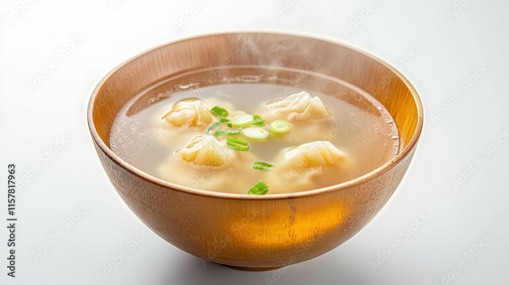 Steaming hot wonton soup in a wooden bowl, garnished with green onions. Steaming hot wonton soup in a wooden bowl, garnished with green onions.