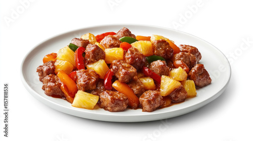 Sweet and sour pork with pineapple and peppers on a white plate. photo