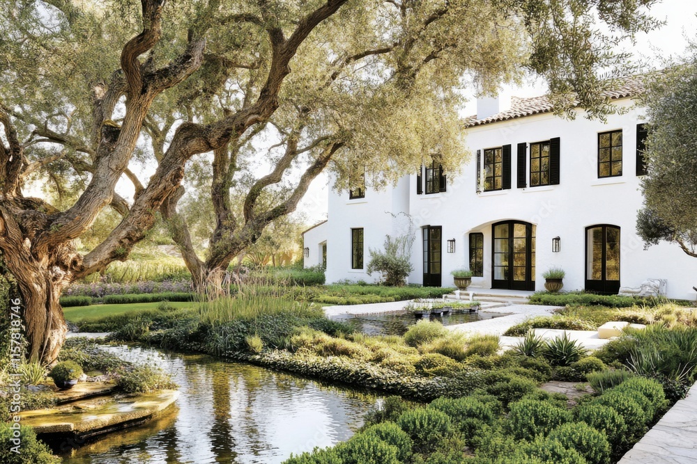 Obraz premium The front yard and garden were featured in Architectural Digest magazine. The home is in a white Spanish colonial style with black shutters, olive trees, a small pond, and a large oak tree.