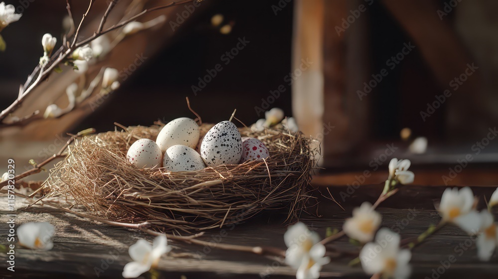 Rustic easter nest with speckled eggs and blooming spring branches. Horizontal banner. Copy space Rustic easter nest with speckled eggs and blooming spring branches. Horizontal banner. Copy space
