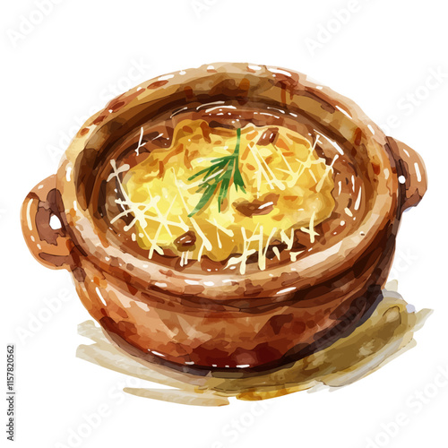 A watercolor drawing of French onion soup with melted cheese on top, isolated on a white background. Onion soup vector.
