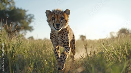 Cheetah sprinting across grassy plains under clear sky photo