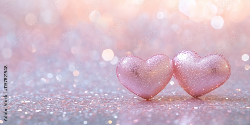 Fototapeta premium Two Hearts on Pink Glitter in a Shiny Background: Valentine's Day Concept