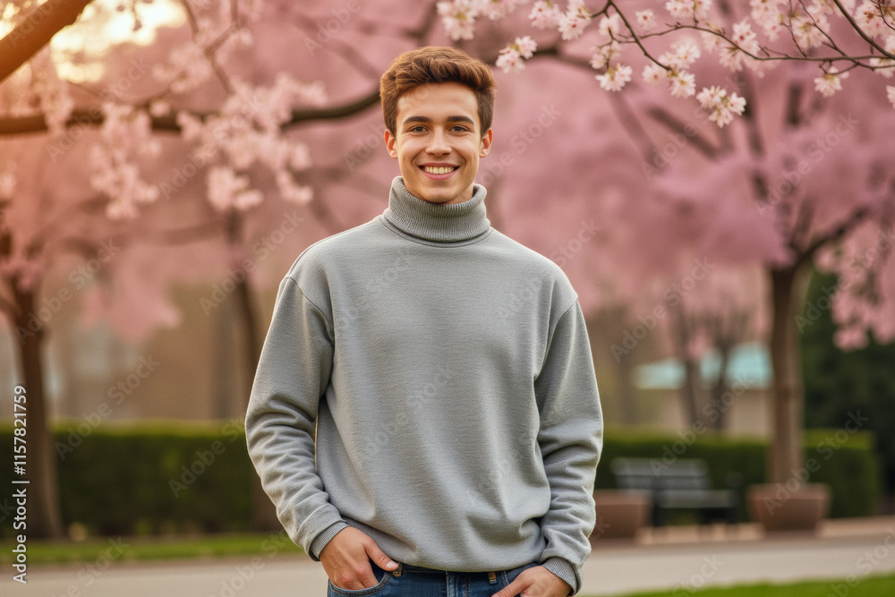 A lifestyle portrait photo of a person: A young man standing in front of a flowering tree. A lifestyle portrait photo of a person: A young man standing in front of a flowering tree.