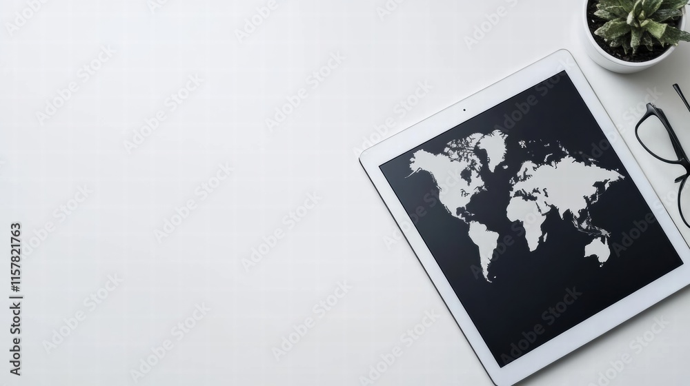 Tablet showing world map in modern flat lay design with copy space for text and stylish accessories. Generative AI Tablet showing world map in modern flat lay design with copy space for text and stylish accessories. Generative AI