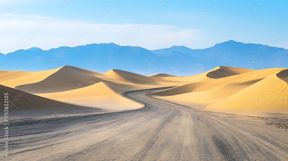 Wide Shot Photo: Serene Desert Landscape at Sunrise, Majestic Sand Dunes Gently Curve Along a Dusty Track. AI Generated Wide Shot Photo: Serene Desert Landscape at Sunrise, Majestic Sand Dunes Gently Curve Along a Dusty Track. AI Generated