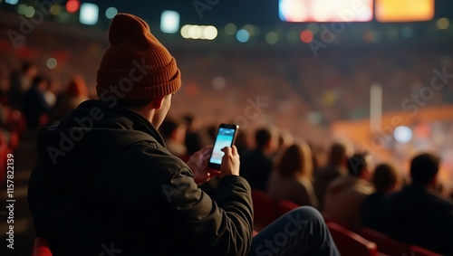 Young Man Enjoying a Sports Event in a Stadium While Using His Phone on a Chilly Evening – Connecting Fans and Technology in Live Sports Experiences