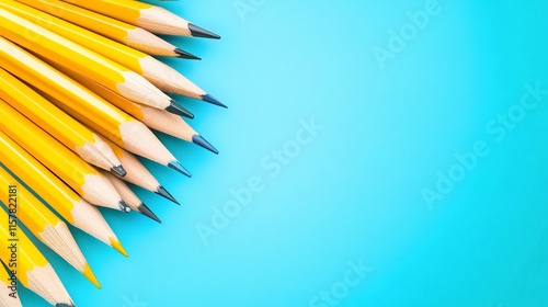 Close-up Photo: Sharply Pointed Yellow Pencils Arranged on Vibrant Blue Background. AI Generated