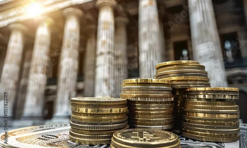 Stacked coins on dollar bills with classical columns in background symbolize financial stability and growth