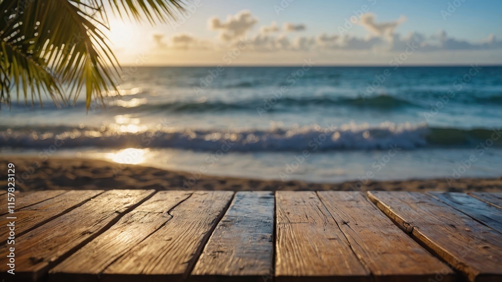 Fototapeta premium Ocean Waves Meeting a Wooden Deck Under a Golden Sunset