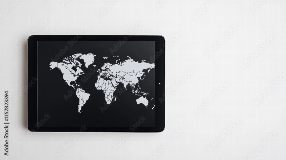 Modern flat lay showcasing a tablet with a detailed world map against a minimalist background for creative mock up purposes. Generative AI Modern flat lay showcasing a tablet with a detailed world map against a minimalist background for creative mock up purposes. Generative AI