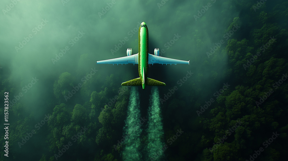 Fototapeta premium Airplane flying over dense green forest with vapor trails in misty atmosphere