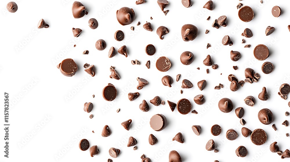 Obraz premium Scattered Chocolate Chips Photo: Deliciously Detailed Close-Up Mockup. AI Generated