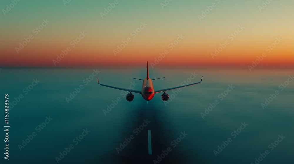 Airplane flying over a beautiful sunset with colorful skies and serene atmosphere Airplane flying over a beautiful sunset with colorful skies and serene atmosphere