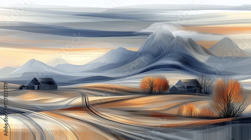 Sunset Geometric Moorland Farm with Alpenglow