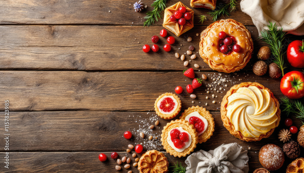 A rustic wooden table displays an assortment of baked goods, including pies, tarts, and cookies, with fresh berries and pine cones scattered around. A rustic wooden table displays an assortment of baked goods, including pies, tarts, and cookies, with fresh berries and pine cones scattered around.