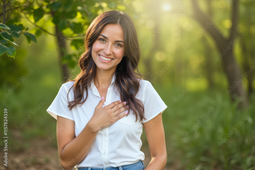 A lifestyle portrait photo of a person: A woman in a white shirt smiles at the camera. A lifestyle portrait photo of a person: A woman in a white shirt smiles at the camera.