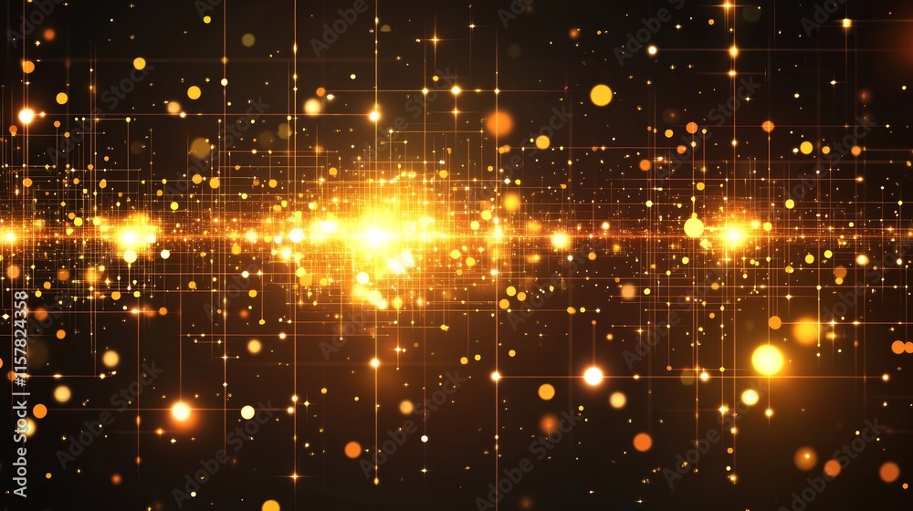 Obraz premium Golden particles and light streaks on black background