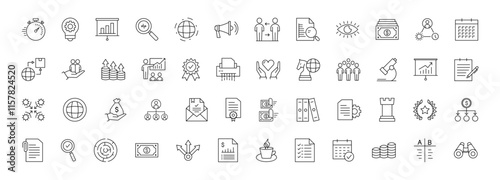 Business Strategy icon set in line style. Business solution icons for web and mobile app. Brainstorming, solution, teamwork, startup, marketing, advertising, management, business process, action list.