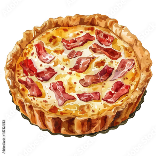 A watercolor drawing of French quiche with bacon and cheese, isolated on a white background. Quiche vector.
