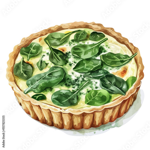 A watercolor clipart of French quiche with spinach and cheese, isolated on a white background. Quiche vector.
