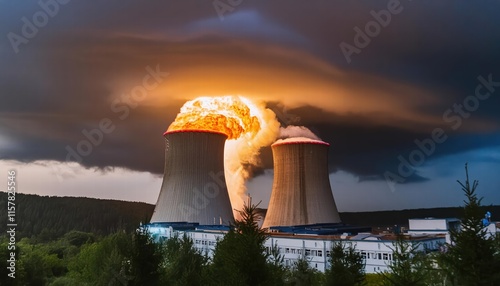 A Dramatic Depiction of a Nuclear Explosion Day or Night, Stormy Sky and Shock Wave Captured Against the Background of a Nuclear Fireball photo