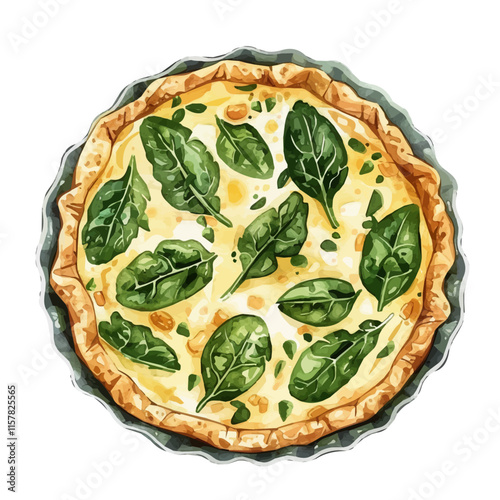 A watercolor of French quiche with spinach and cheese, isolated on a white background. Quiche vector.
