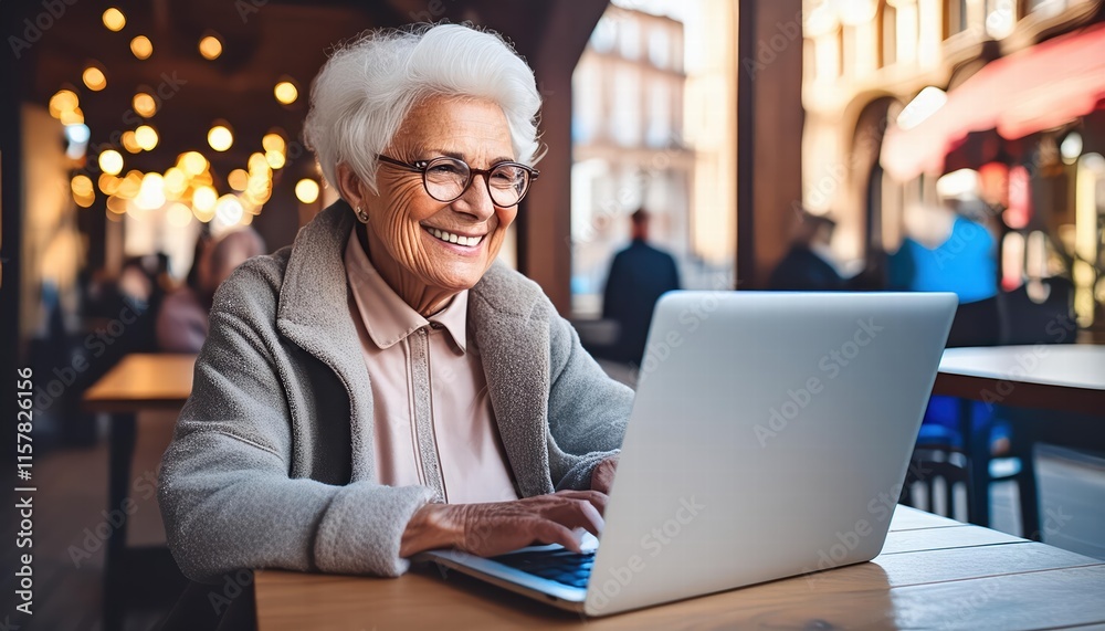 Old Granny Woman Working on Laptop in Cafe A Senior Adult Woman in Glasses Engaged in Digital Tasks at a Cozy Table, Embracing Technology and Modern Communication Old Granny Woman Working on Laptop in Cafe A Senior Adult Woman in Glasses Engaged in Digital Tasks at a Cozy Table, Embracing Technology and Modern Communication