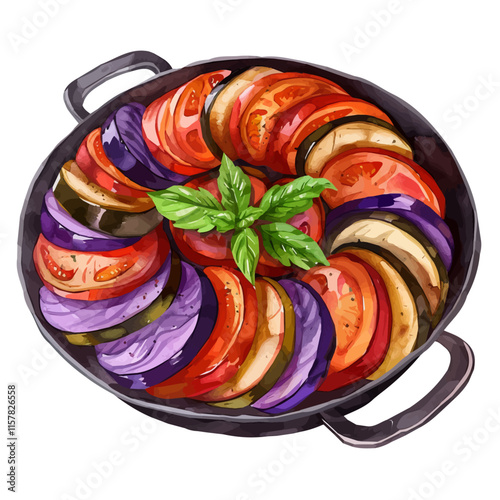 A watercolor painting of French ratatouille with tomatoes and eggplant, isolated on a white background. Ratatouille vector.
