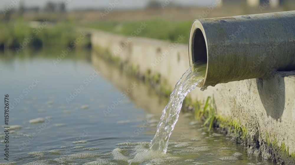 Water Flowing from Pipe into Calm Water Body Surrounded by Lush Green Grass Water Flowing from Pipe into Calm Water Body Surrounded by Lush Green Grass