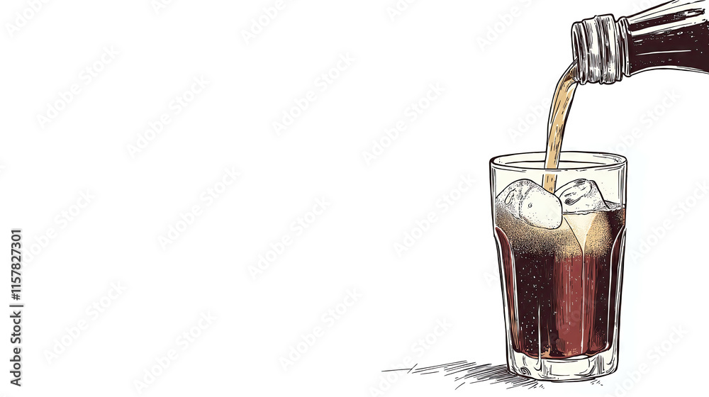 Generative AI of Hand-Drawn Cola Pouring Illustration with White Copy Space for Vintage Menu Design, Retro Beverage Advertising, and Classic Brand Marketing