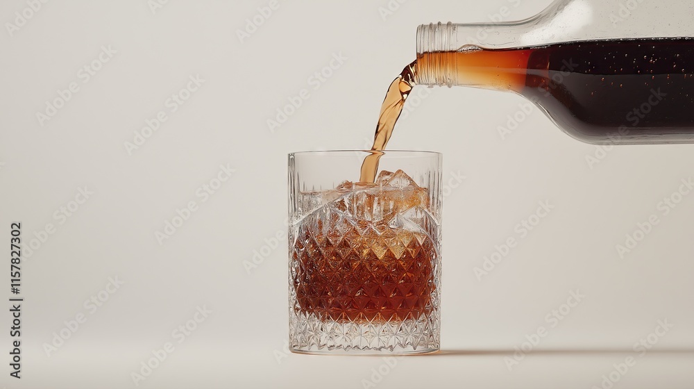 Generative AI of Cola Pouring into Crystal-Cut Glass with Ice for Premium Beverage Photography, Luxury Product Advertising, and Upscale Brand Marketing