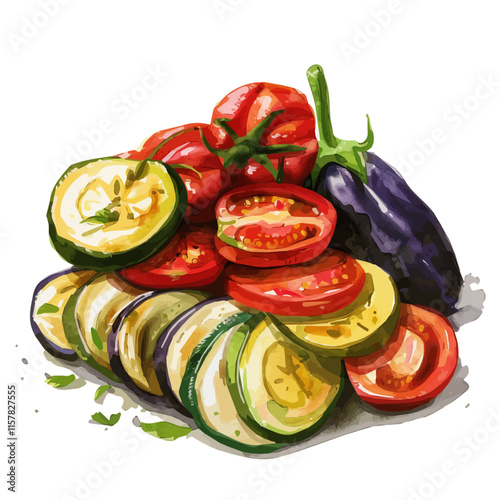 A watercolor vector of French ratatouille with zucchini, tomatoes, and eggplant, isolated on a white background. Ratatouille vector.
