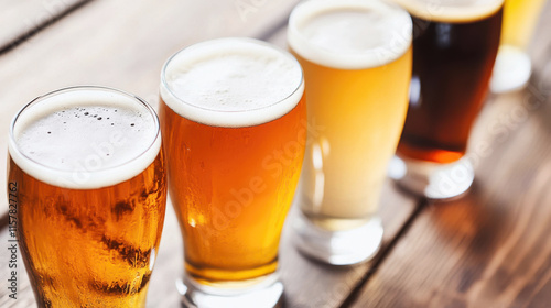 Refreshing cold beer glasses filled with a variety of craft beers are sitting on a wooden table, creating an enticing atmosphere for beer enthusiasts to enjoy and savor